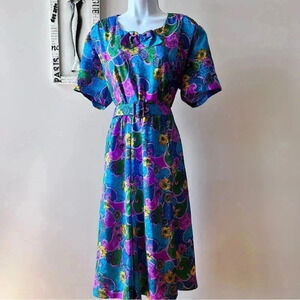 Vintage Floral Print Short Sleeve Belted Secretary Midi Dress Size M/L
